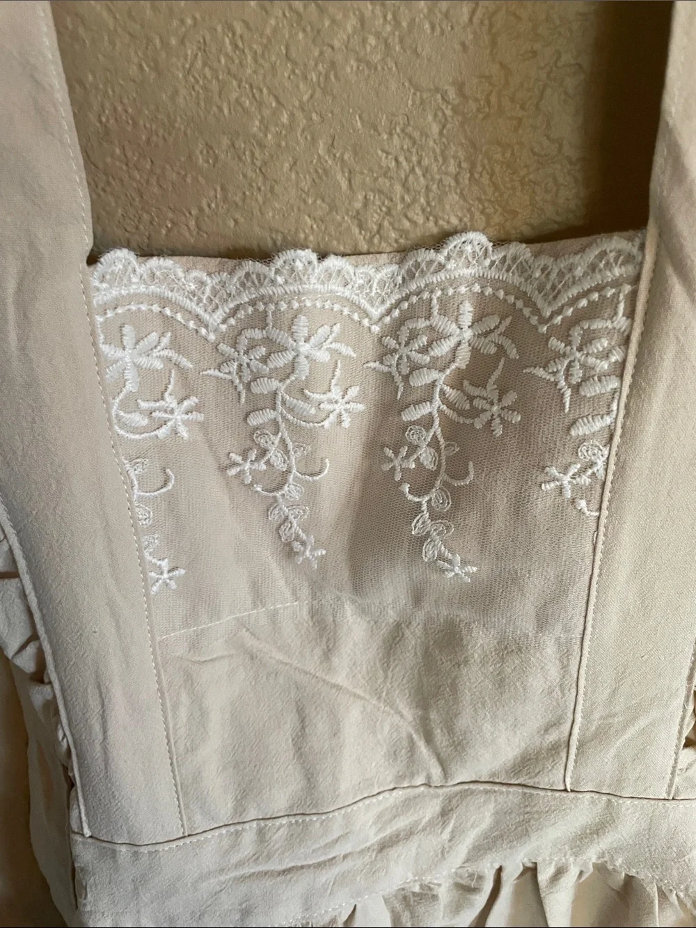 Cream Ruffled Apron with Embroidered Detail No Size Tag